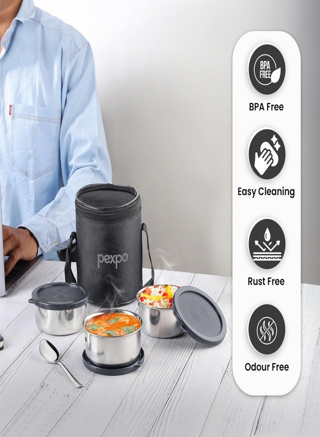 PEXPO Eco Pro-3 Stainless Steel Lunch Box for Men & Women, with 3 Air-Tight Containers (280ml Each), Spoon & Bag - Black | Easy to Carry & Durable Tiffin Box for Office, School, College - Image 5